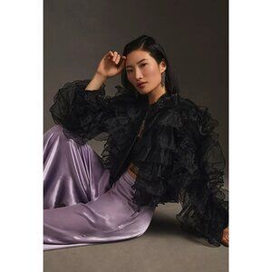 Anthropologie Eva Franco Ruffled Organza Black Bomber Jacket with Front Zip